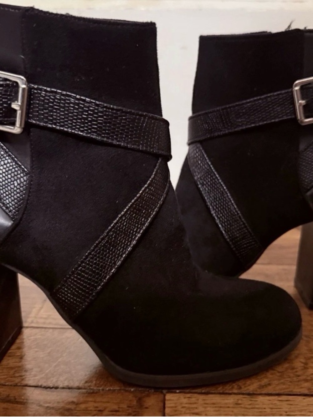 Women’s Black Suede Ankle Boots with Buckle Strap